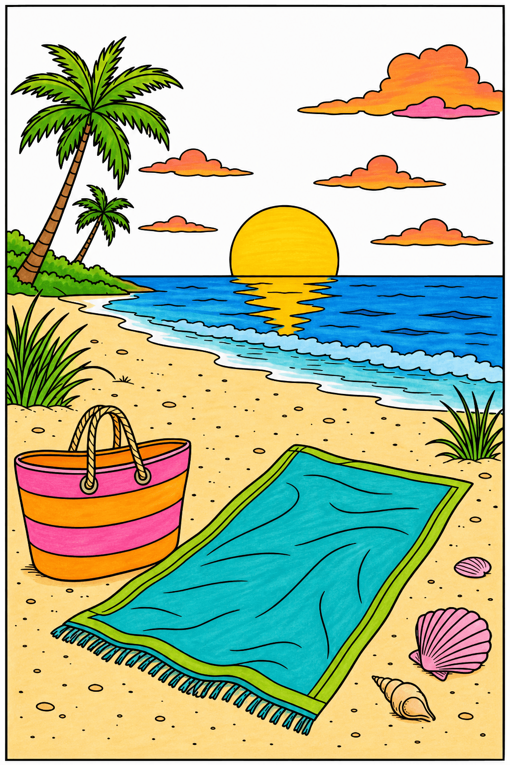 Beach Towel and Bag at Sunset marker colorized preview