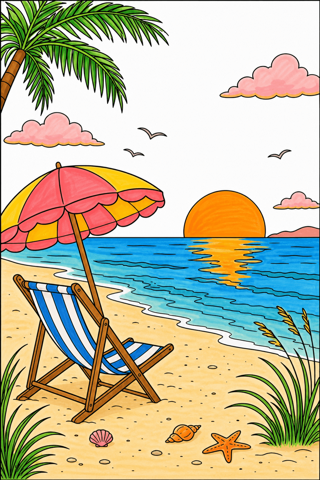 Beach Chair and Umbrella at Sunset marker colorized preview