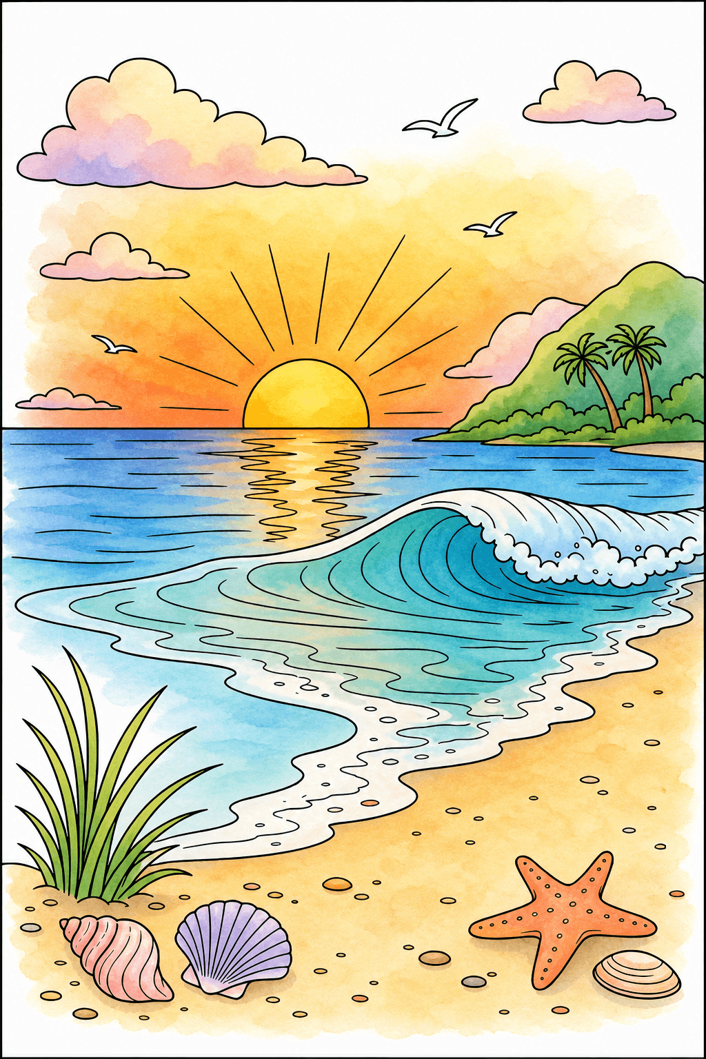 Sunset Wave on a Shell-Strewn Shore watercolor colorized preview