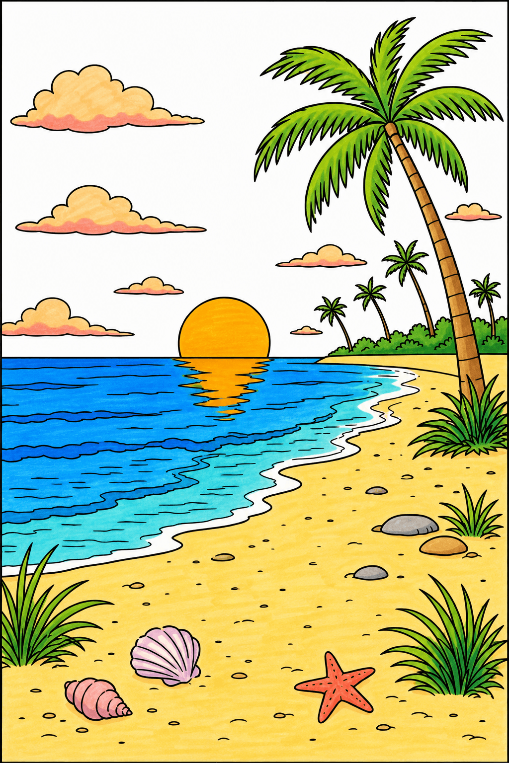 Wide Beach Sunset with Palm Trees marker colorized preview