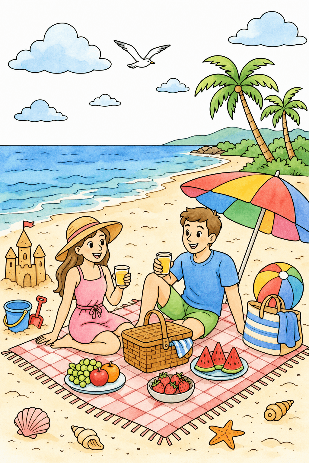 Children Having a Beach Picnic Coloring Page watercolor colorized preview