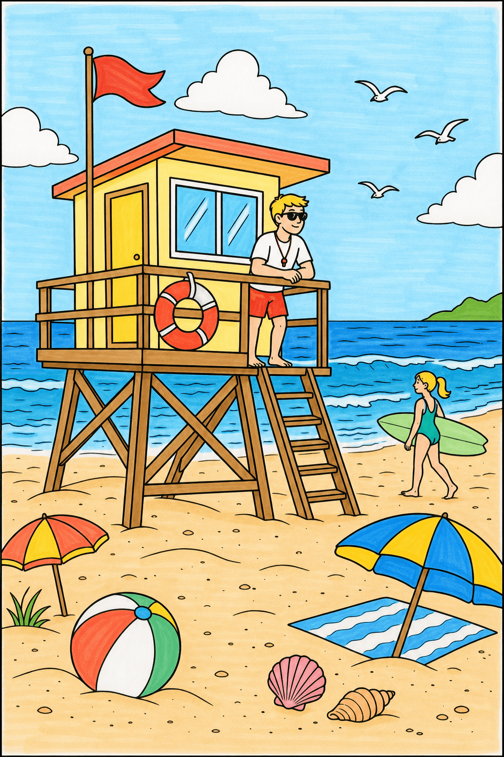 Lifeguard Tower with a Surfer by the Shore marker colorized preview