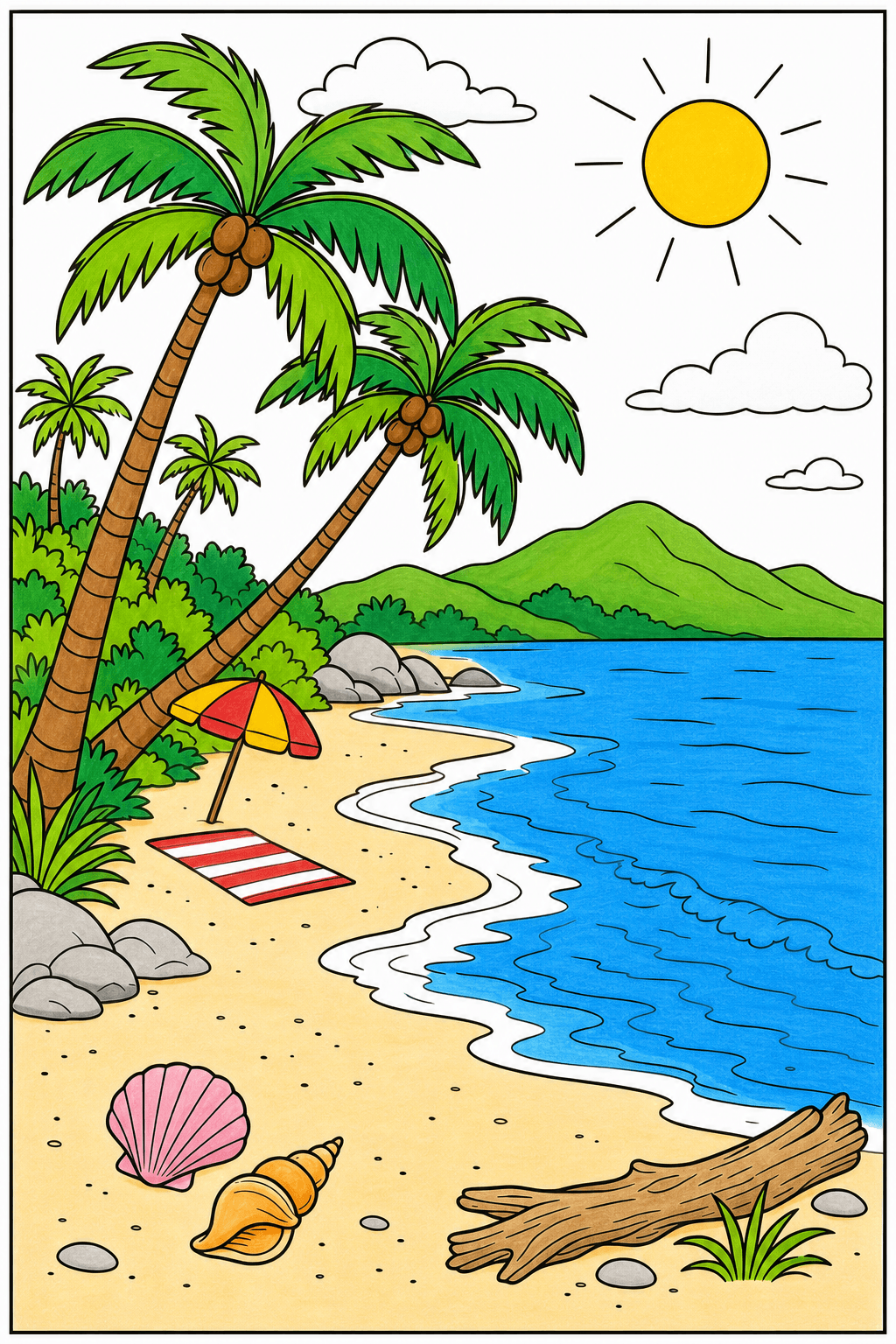 Sunny Beach with Umbrella and Driftwood marker colorized preview