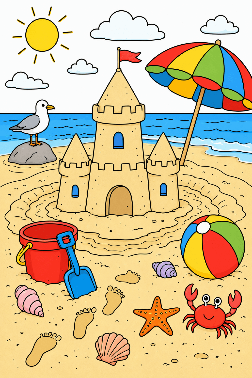 Sandcastle Beach with Seagull and Crab clean-digital colorized preview