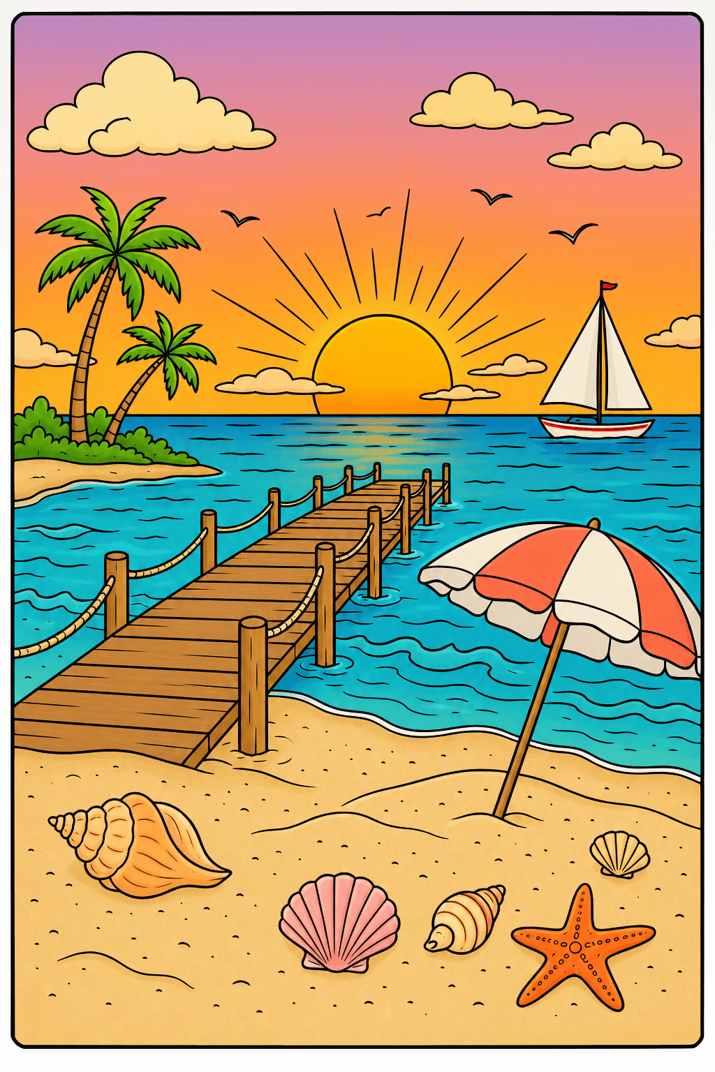 Beach Sunset with Pier and Sailboat Coloring Page clean-digital colorized preview