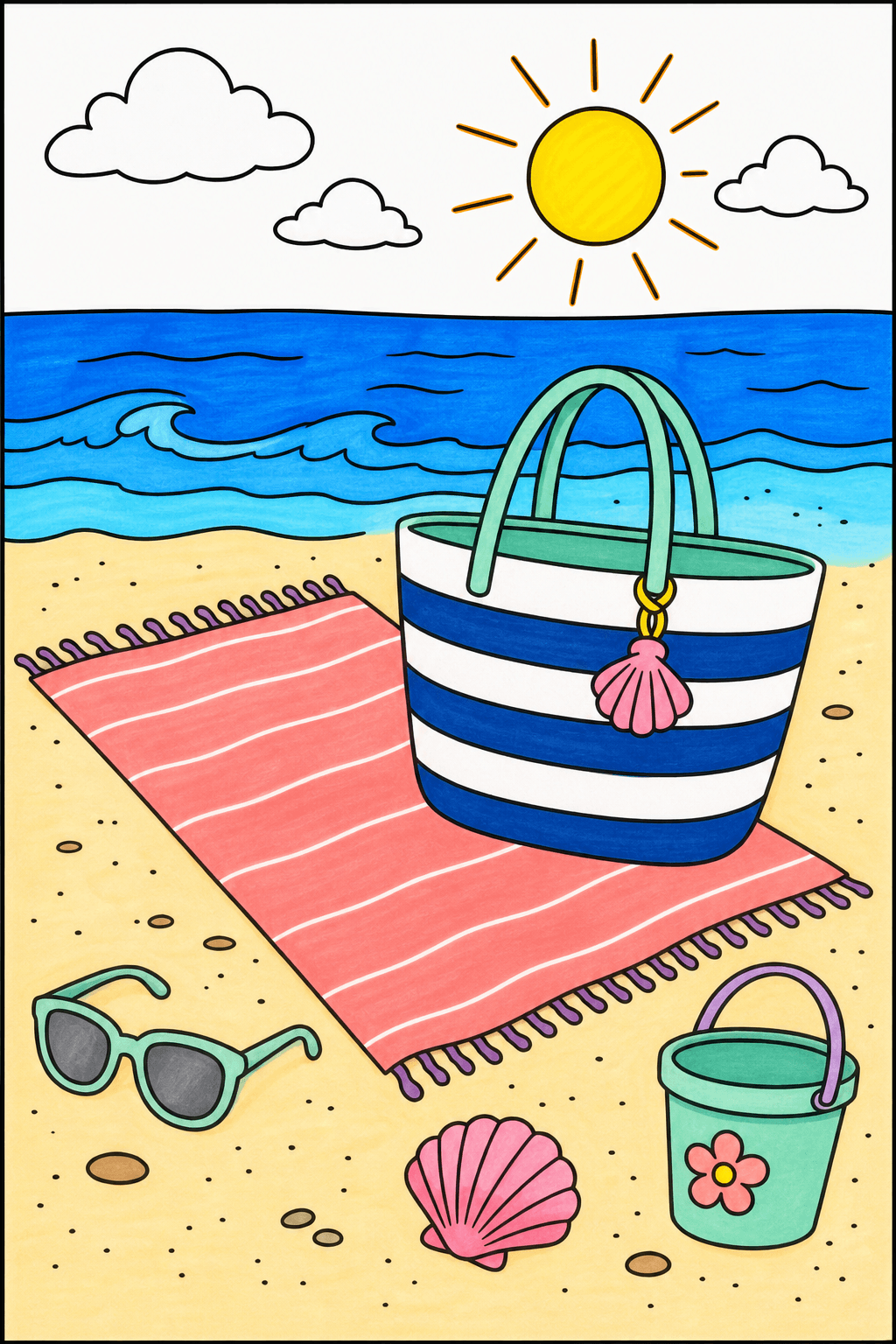 Beach Towel with a Striped Tote Bag marker colorized preview