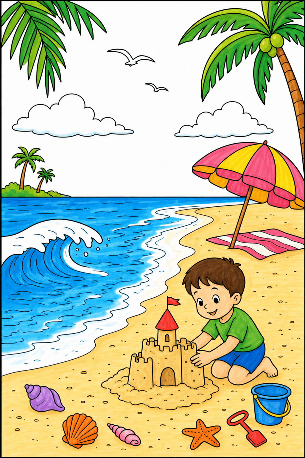 Child Building a Sandcastle by the Shore marker colorized preview