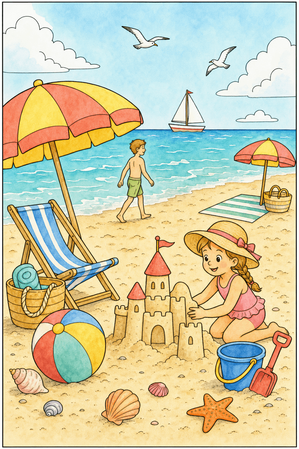 Children at the Shore with a Sandcastle watercolor colorized preview