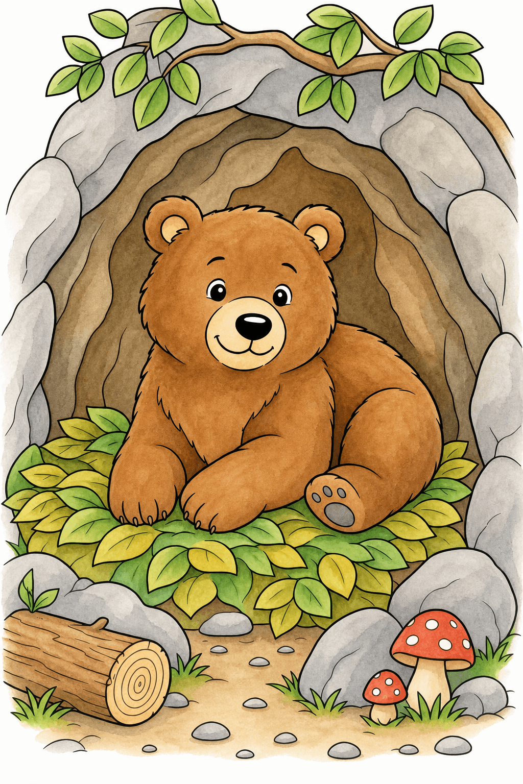 Bear Resting in a Rocky Woodland Den watercolor colorized preview