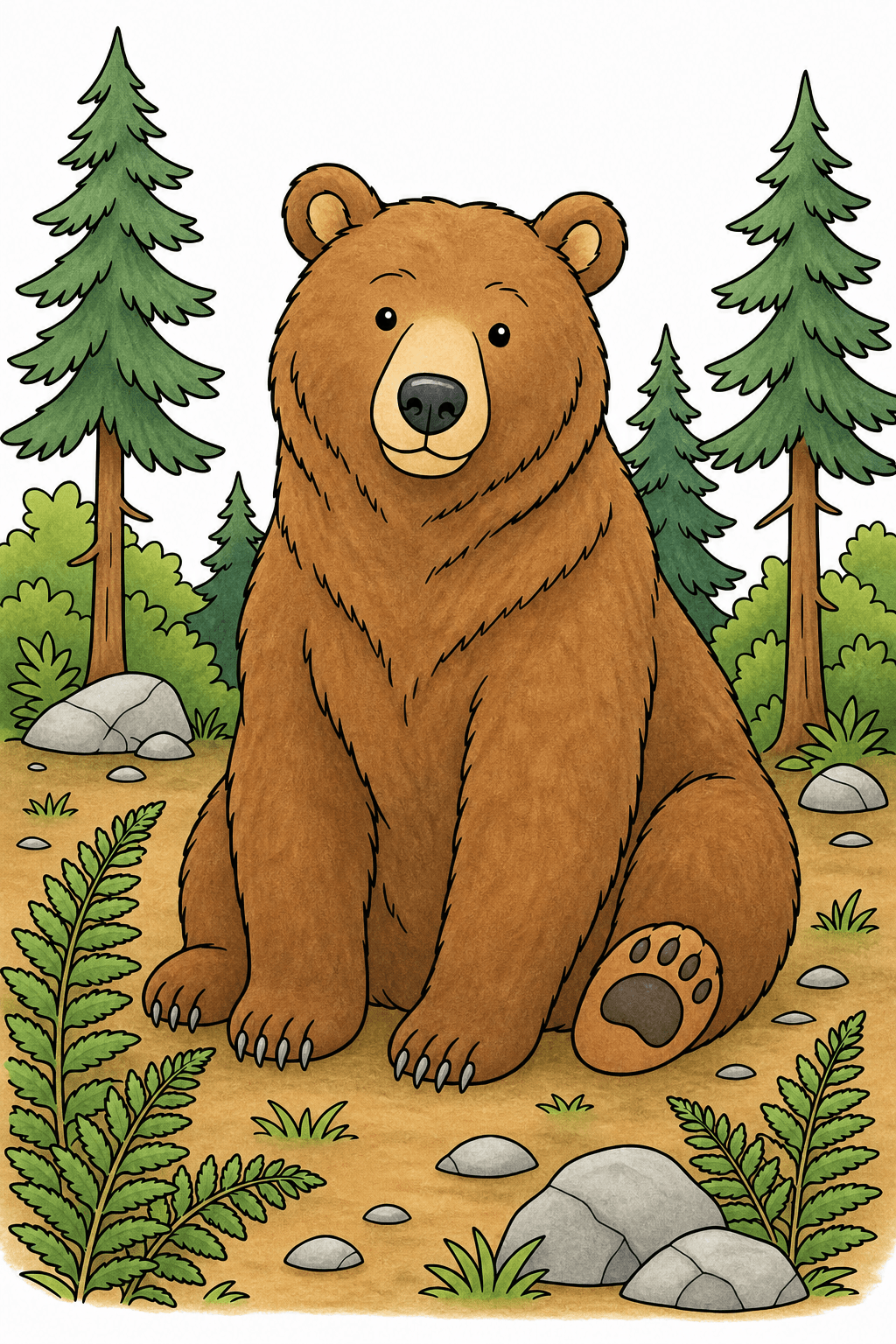 Seated Brown Bear in a Pine Forest Clearing storybook colorized preview