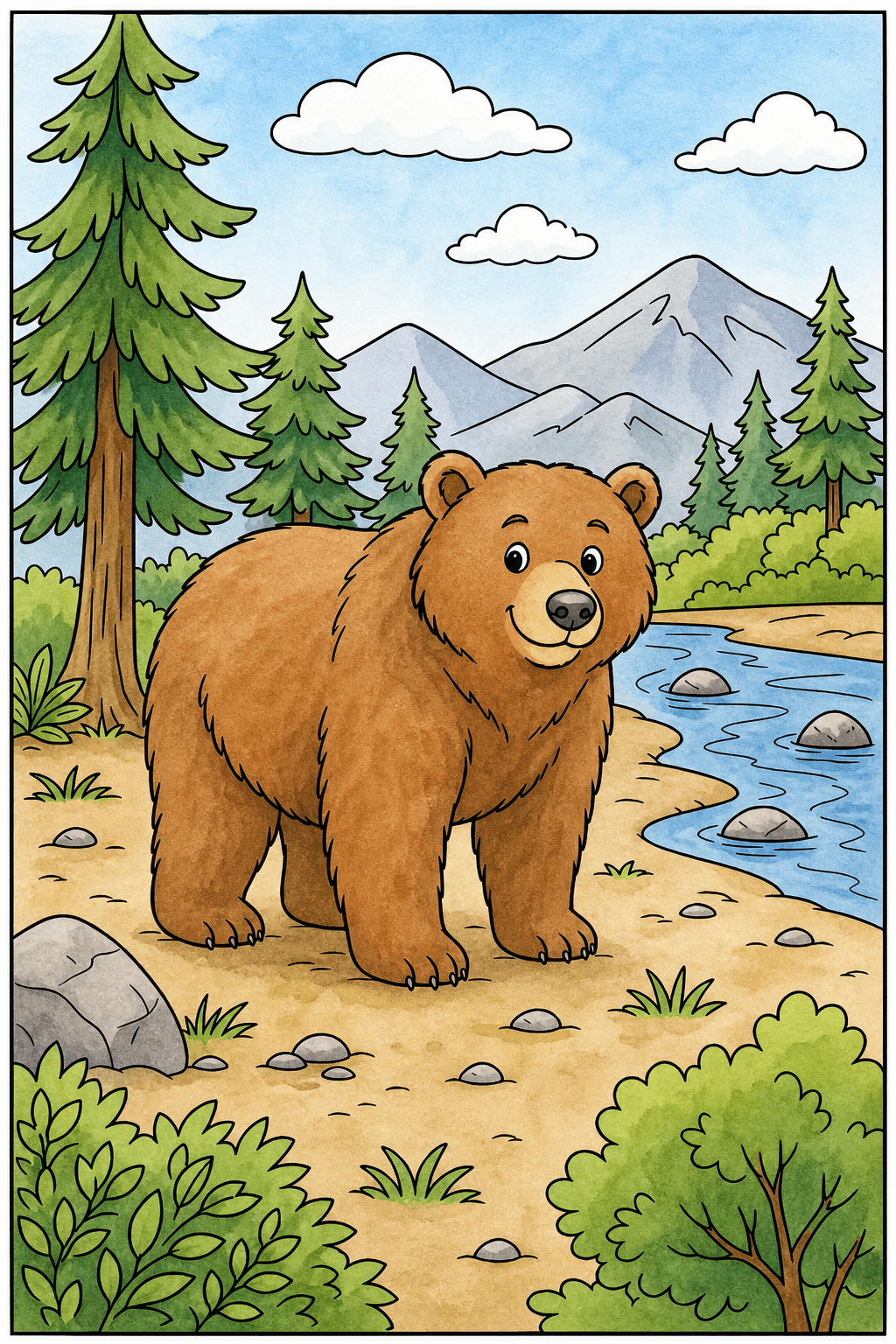 Brown Bear Beside a Mountain Stream watercolor colorized preview
