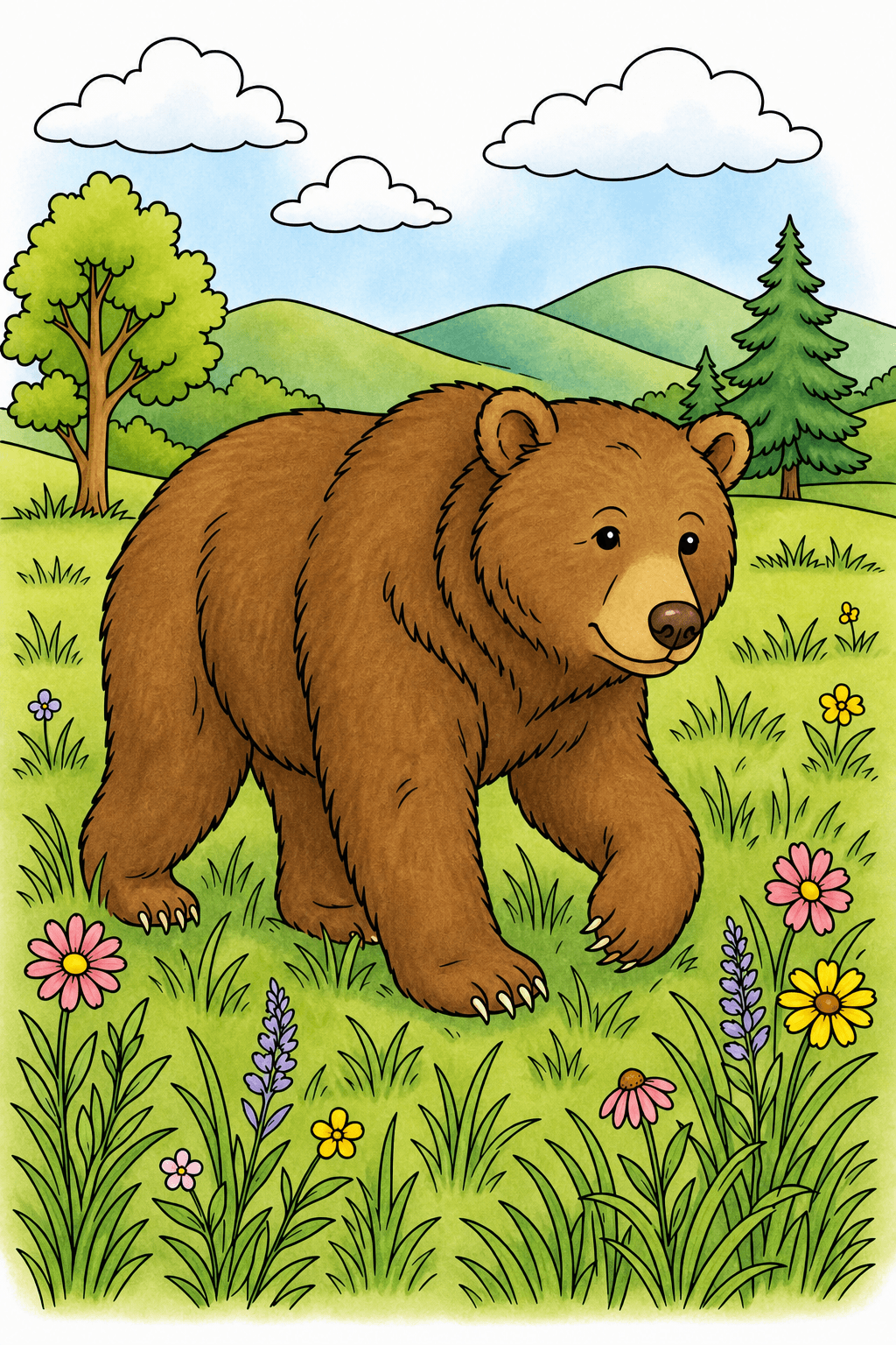 Brown Bear Walking Through a Wildflower Meadow storybook colorized preview