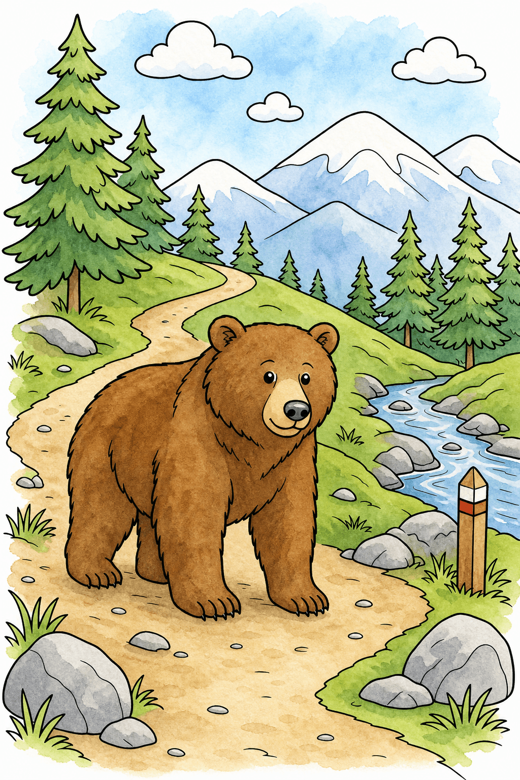 Brown Bear on a Mountain Trail watercolor colorized preview