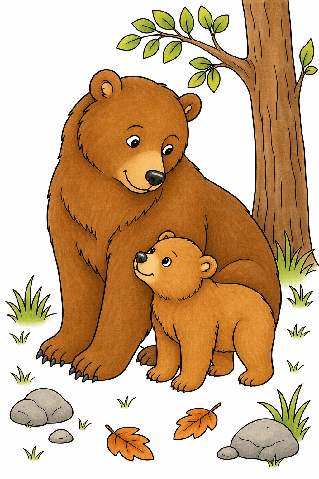 Brown Bear Parent and Cub in the Woods storybook colorized preview
