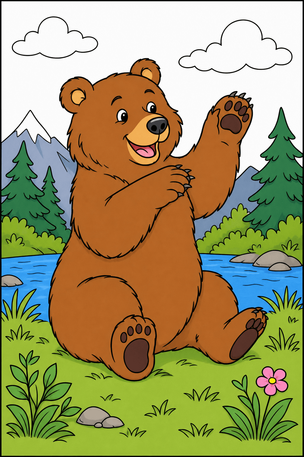 Playful Bear Waving by a River clean-digital colorized preview