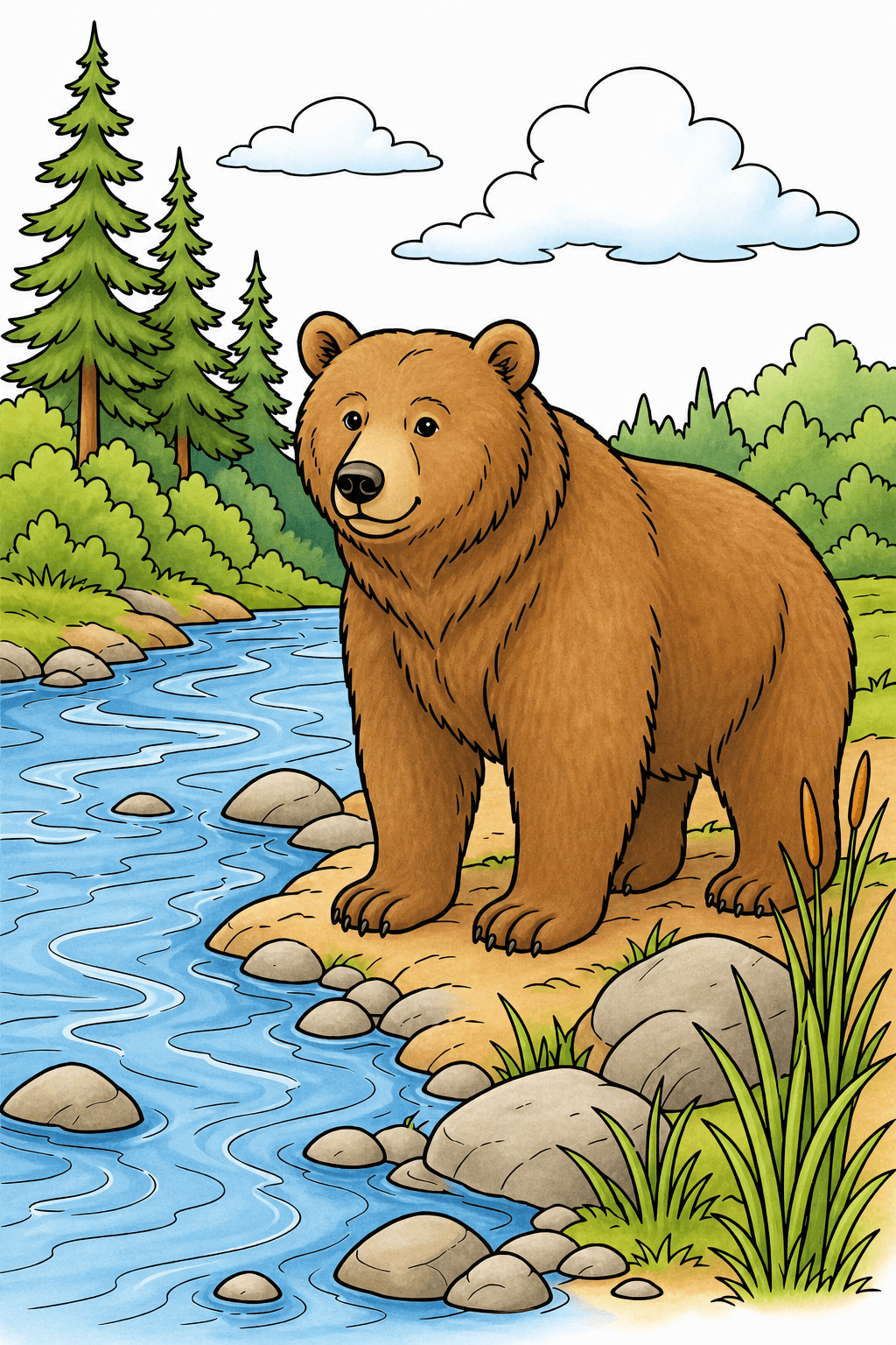 Bear Standing Beside a Forest River storybook colorized preview