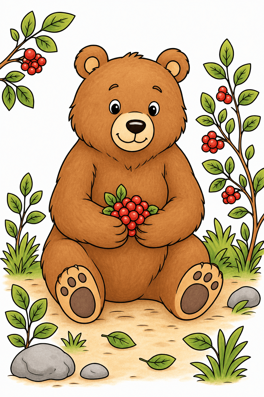 Bear Holding Berries in the Forest storybook colorized preview