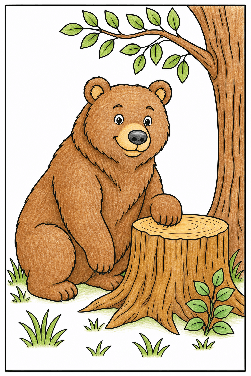 Brown Bear Beside a Tree Stump colored-pencil colorized preview