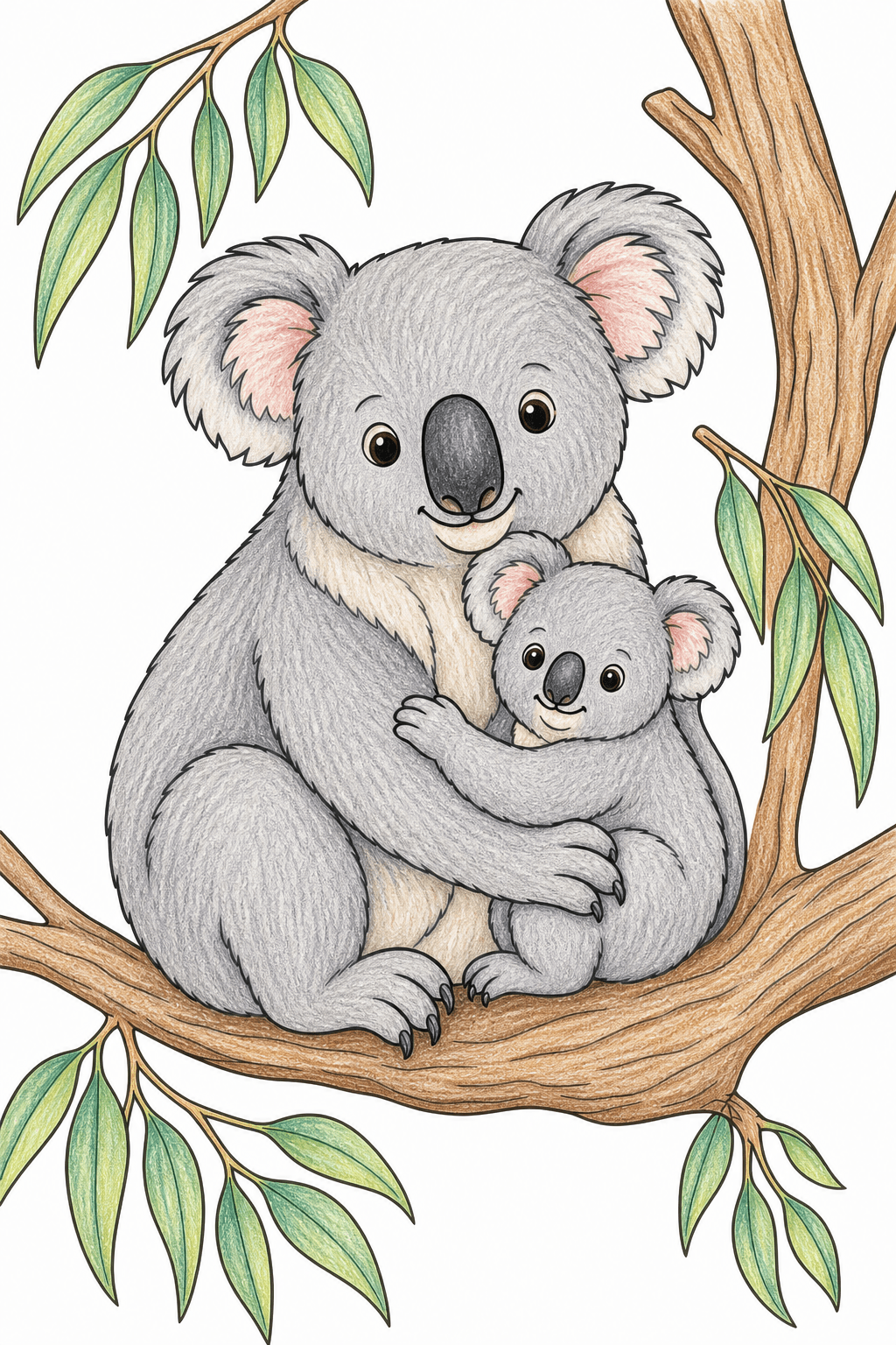 Koala Parent and Cub on a Tree Branch colored-pencil colorized preview