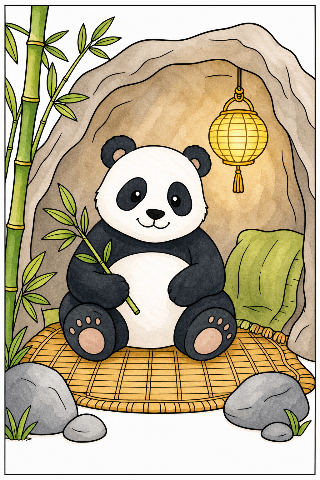 Panda Holding Bamboo in a Sheltered Den watercolor colorized preview