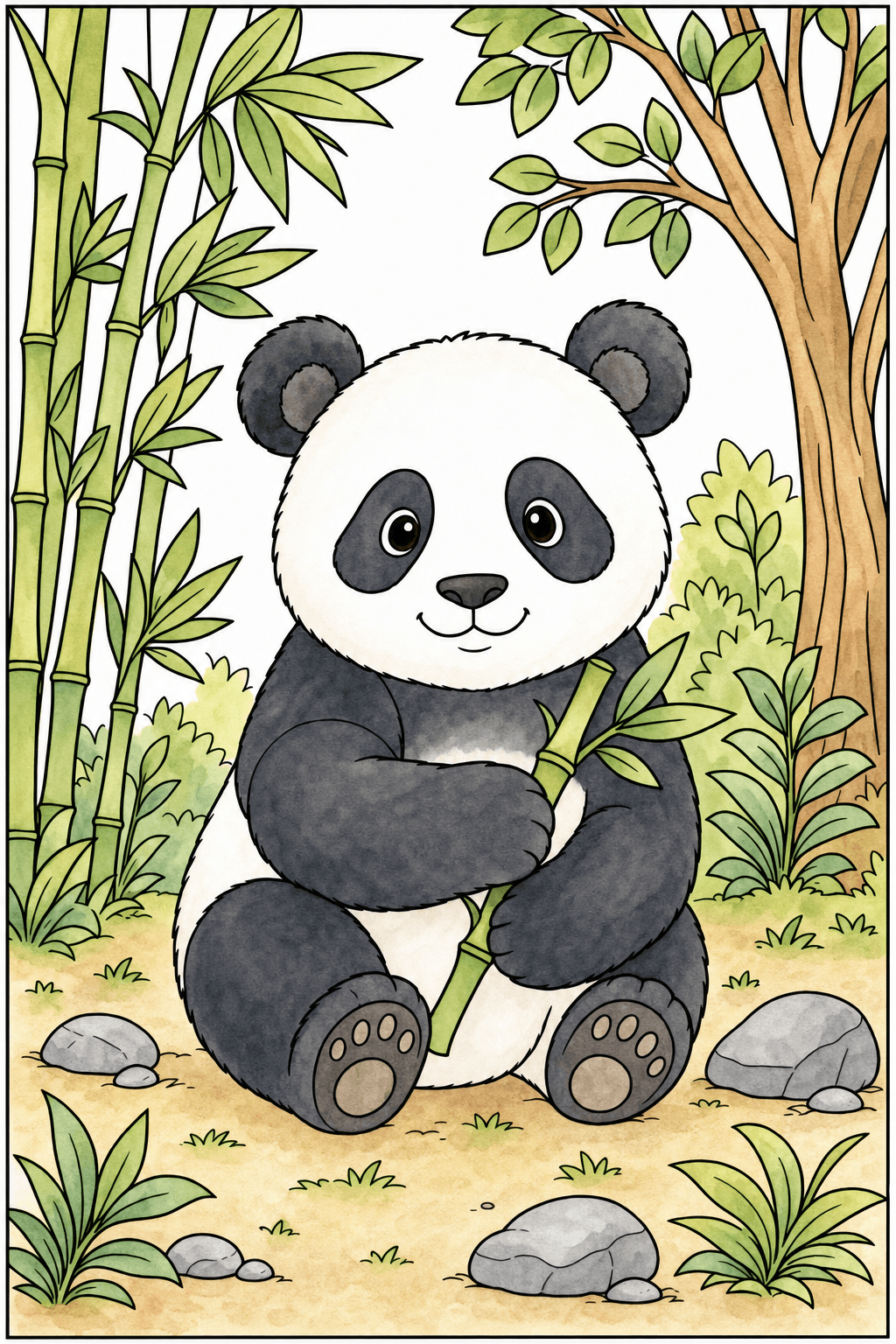 Panda Holding Bamboo in a Forest watercolor colorized preview