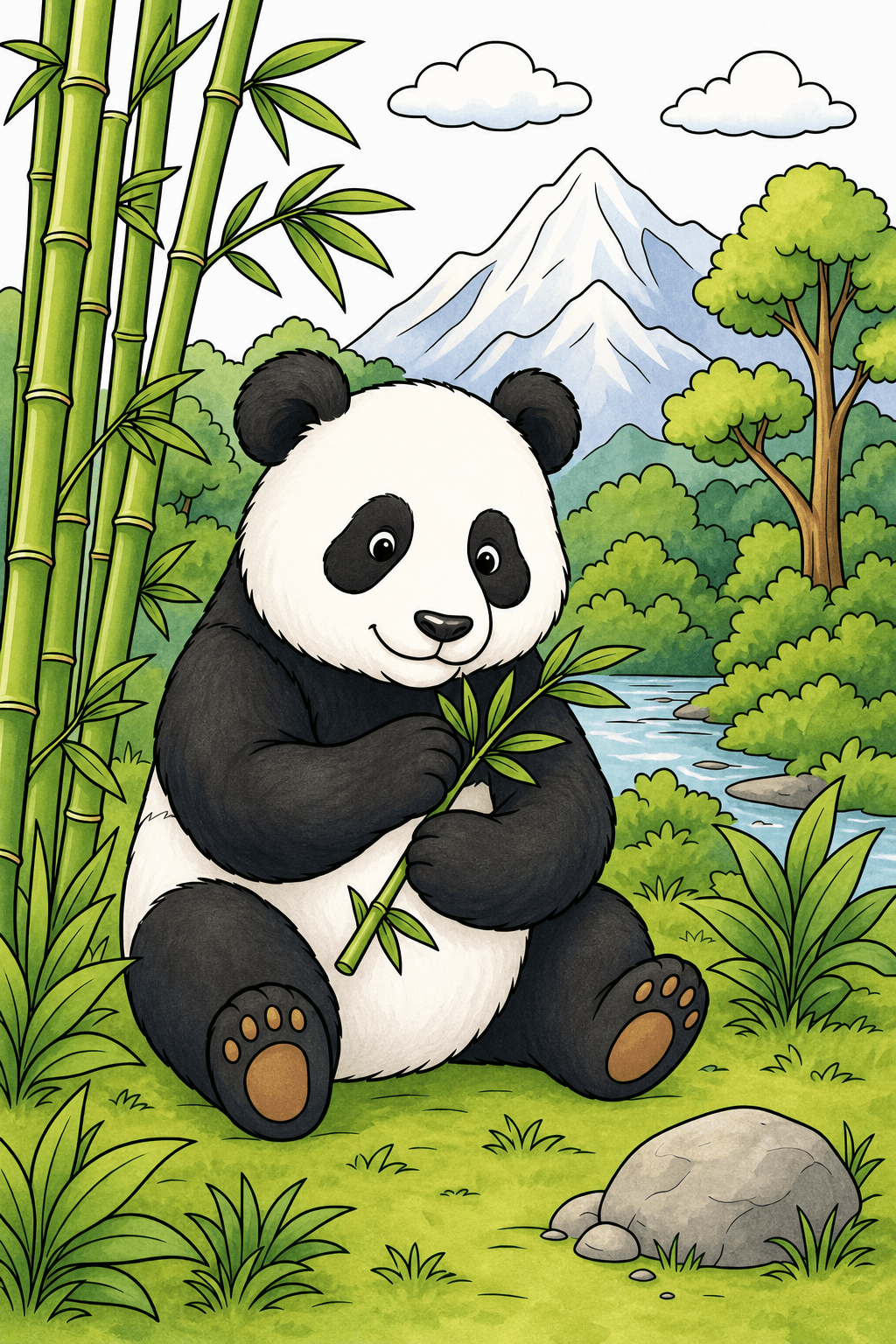 Panda Holding Bamboo in a Mountain Scene storybook colorized preview