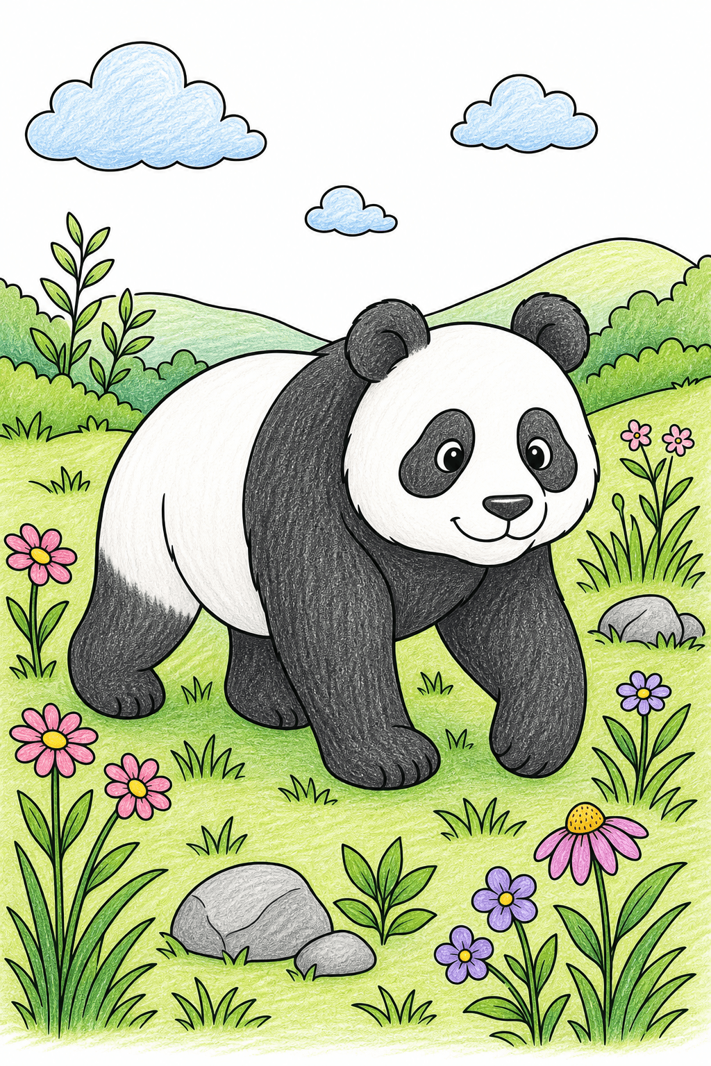 Panda Walking Through a Flower Meadow colored-pencil colorized preview