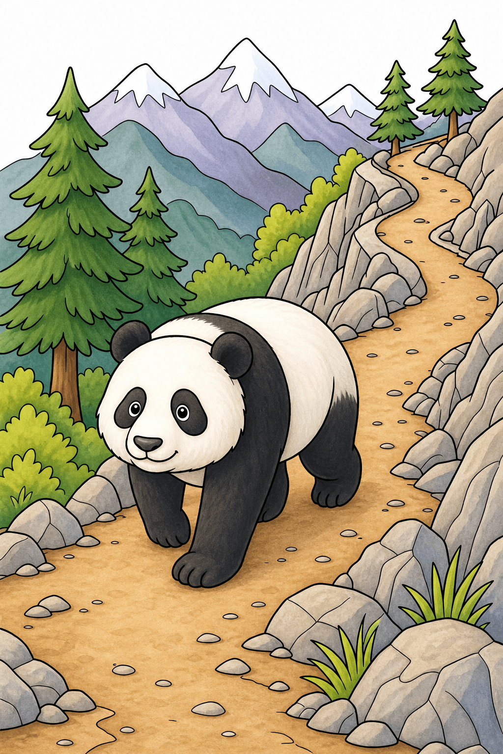 Panda Walking a Rocky Mountain Trail storybook colorized preview