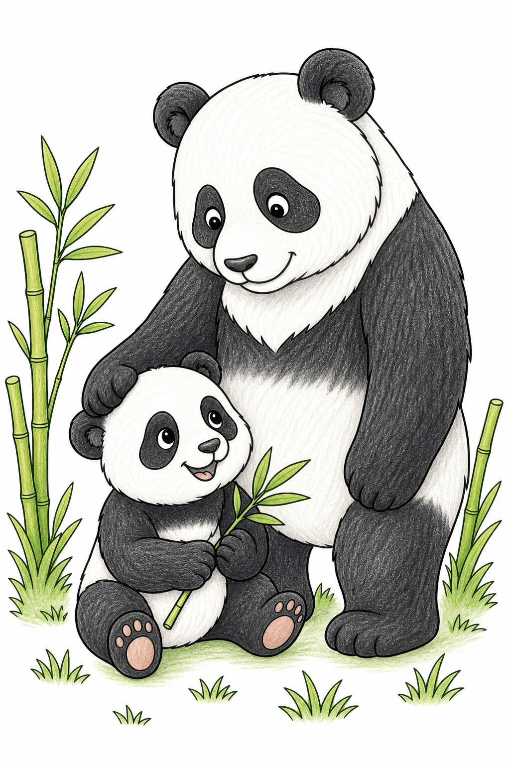 Panda Parent and Cub with Bamboo colored-pencil colorized preview