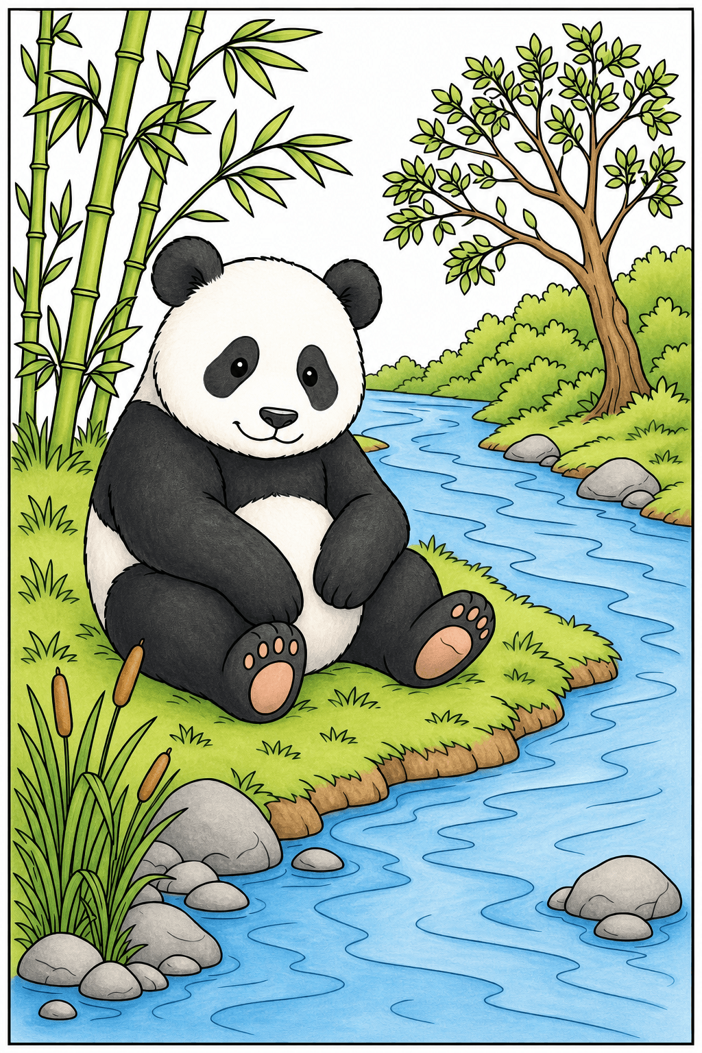 Panda Sitting Beside a Winding River storybook colorized preview