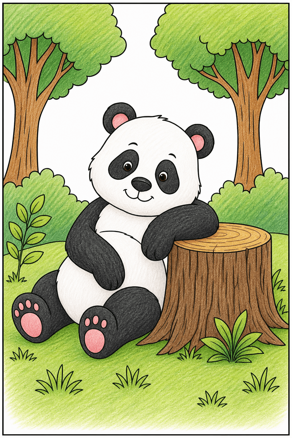 Panda Beside a Tree Stump colored-pencil colorized preview
