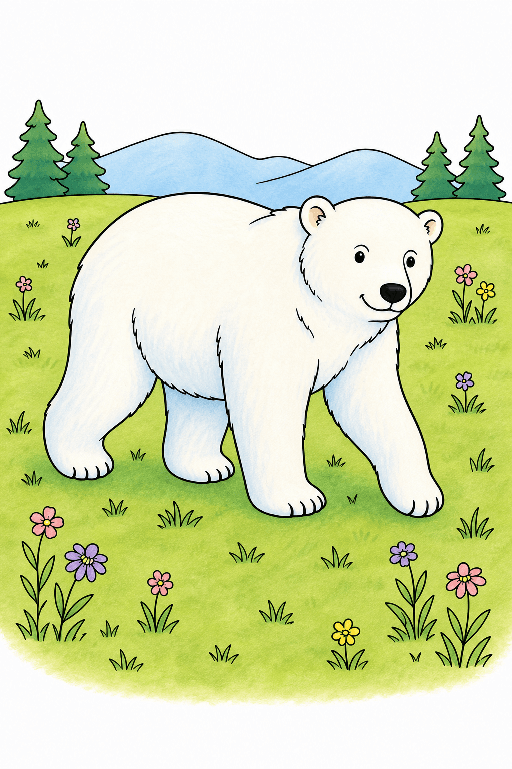 Polar Bear Walking Through a Meadow storybook colorized preview
