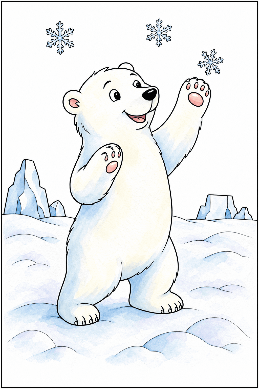 Playful Polar Bear Reaching for Snowflakes watercolor colorized preview