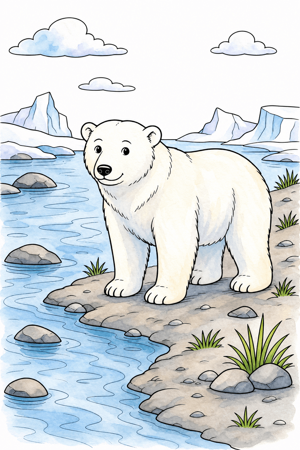 Polar Bear on a Rocky Riverbank watercolor colorized preview