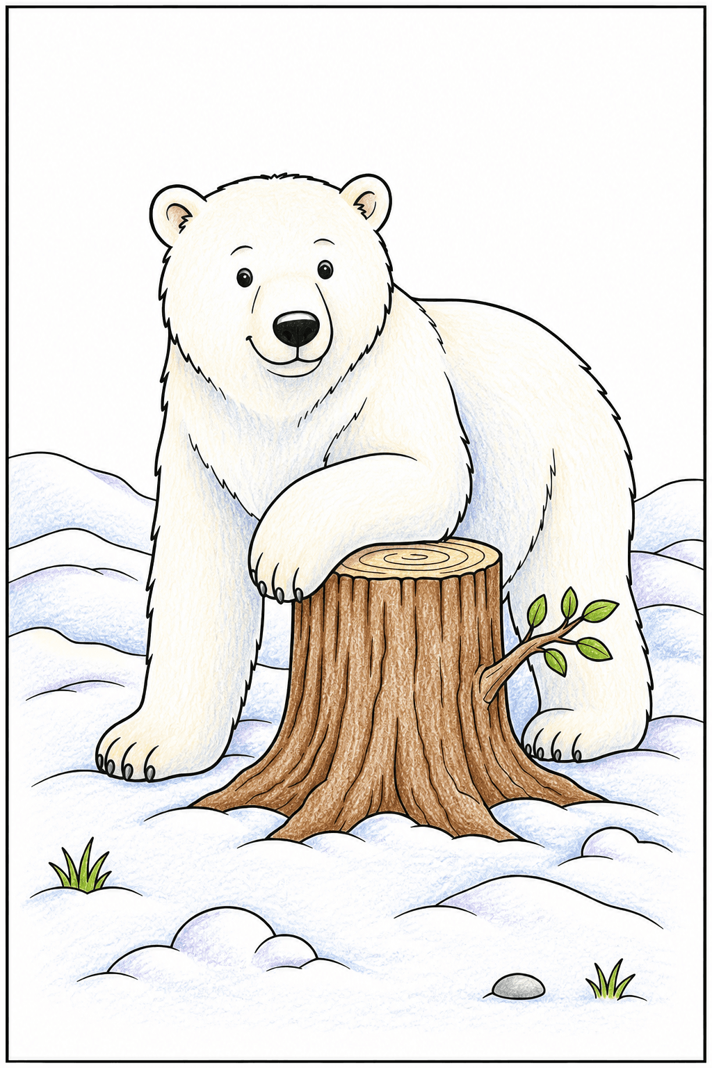 Polar Bear Resting a Paw on a Tree Stump colored-pencil colorized preview