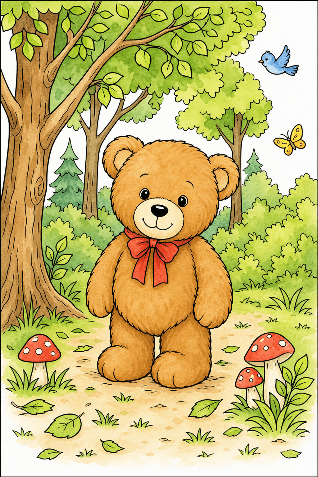 Teddy Bear in a Forest Clearing watercolor colorized preview