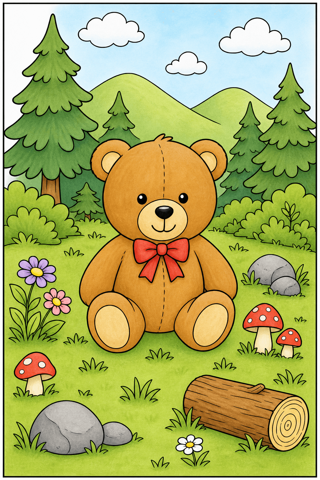 Teddy Bear in a Woodland Clearing storybook colorized preview