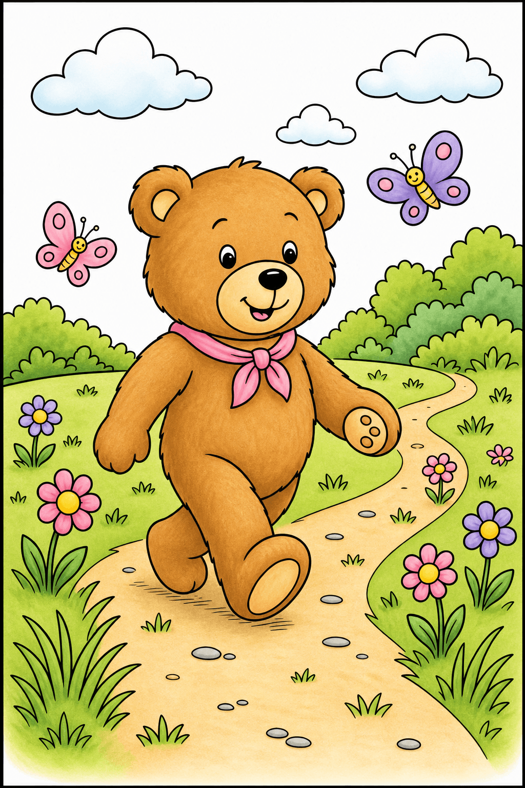Teddy Bear Walking Through a Meadow storybook colorized preview