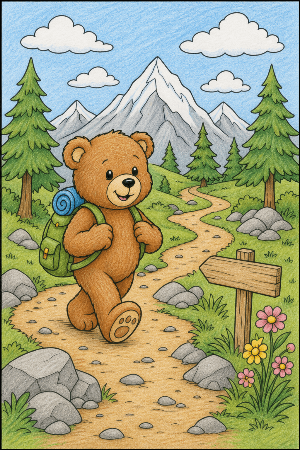 Teddy Bear Hiking a Mountain Trail colored-pencil colorized preview