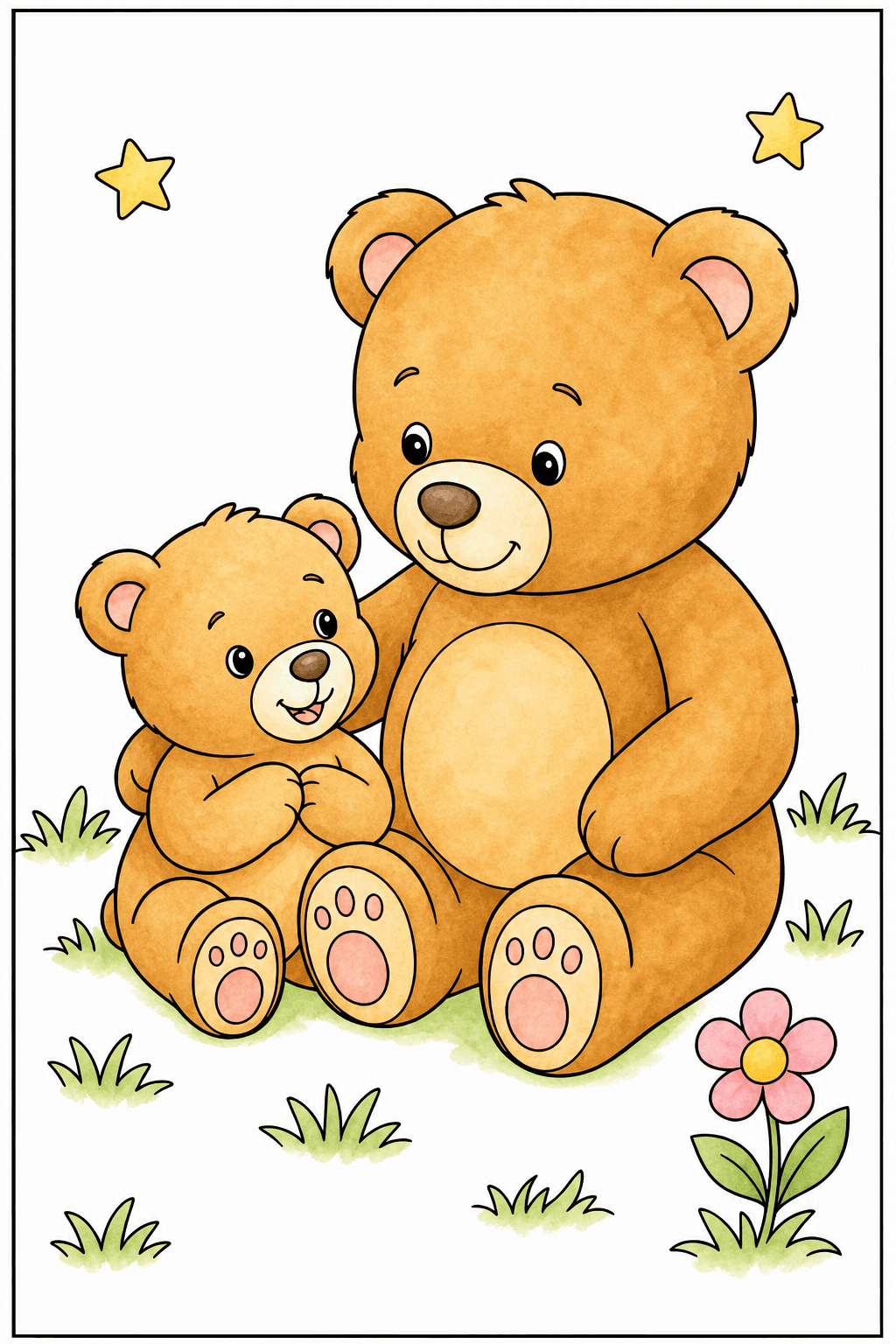 Teddy Bear Parent and Cub Coloring Page watercolor colorized preview