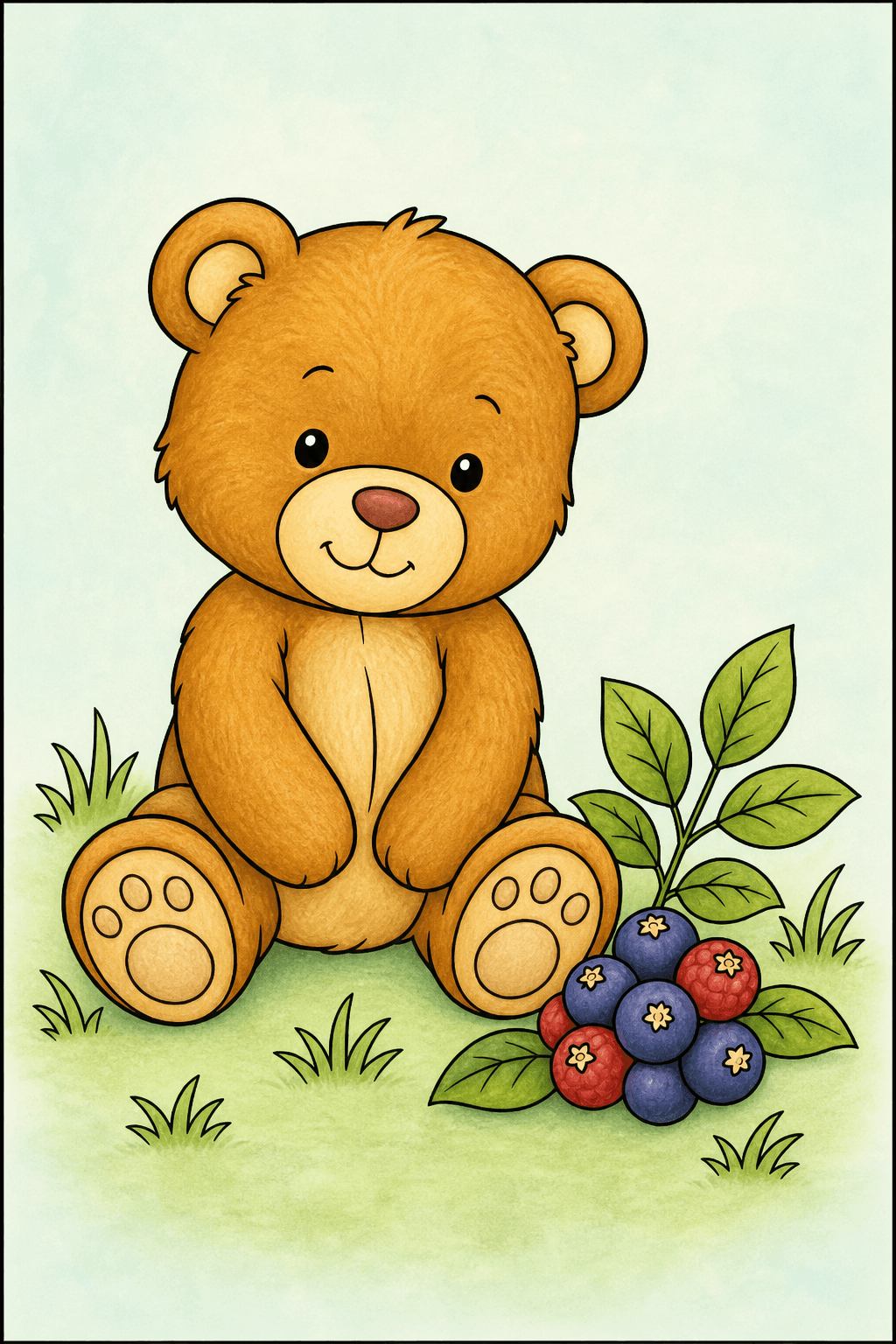 Teddy Bear Sitting Beside Berries storybook colorized preview