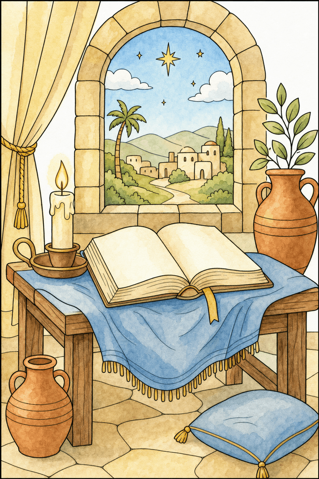 Open Book and Candle by an Arched Window watercolor colorized preview