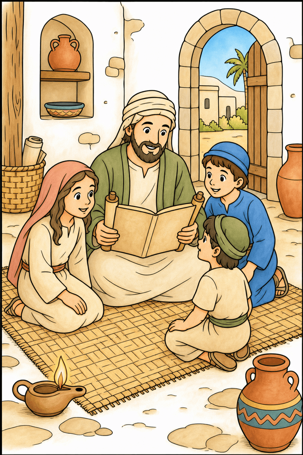 Man Reading a Scroll to Children in a Stone Home storybook colorized preview