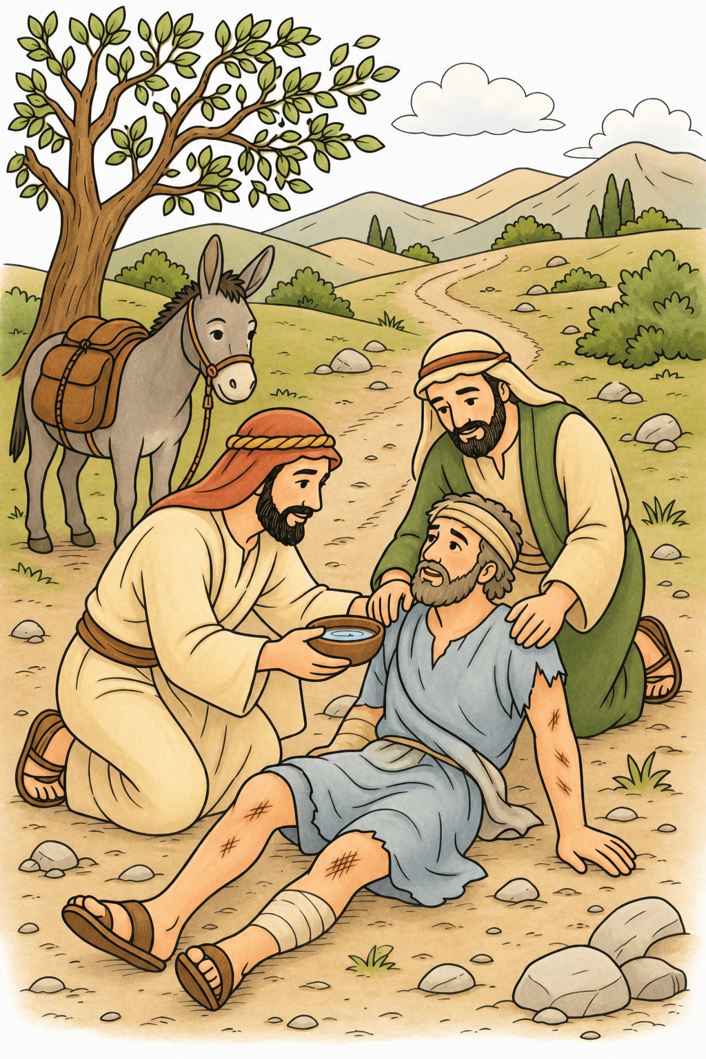 Travelers Help an Injured Man by the Road storybook colorized preview