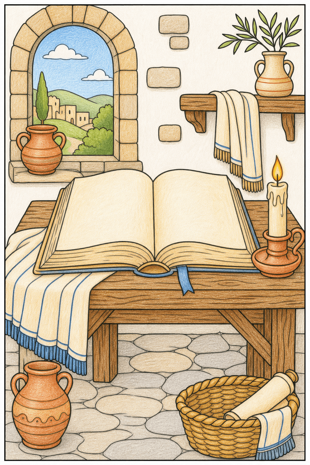 Open Bible on a Rustic Wooden Table colored-pencil colorized preview