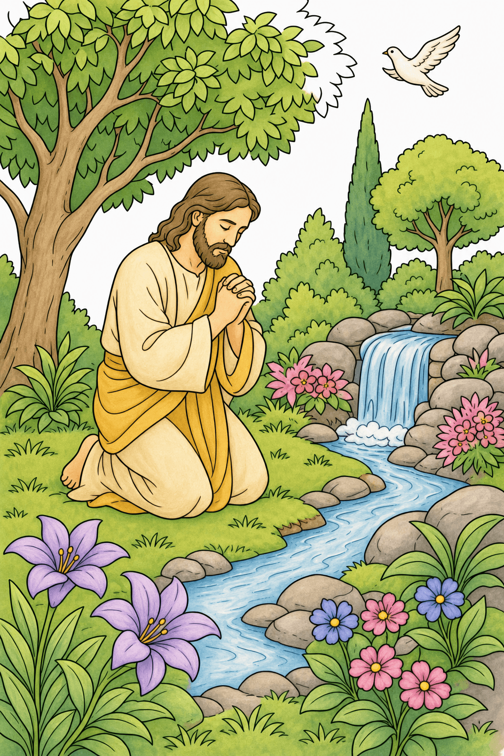 Prayer in a Garden by a Waterfall storybook colorized preview