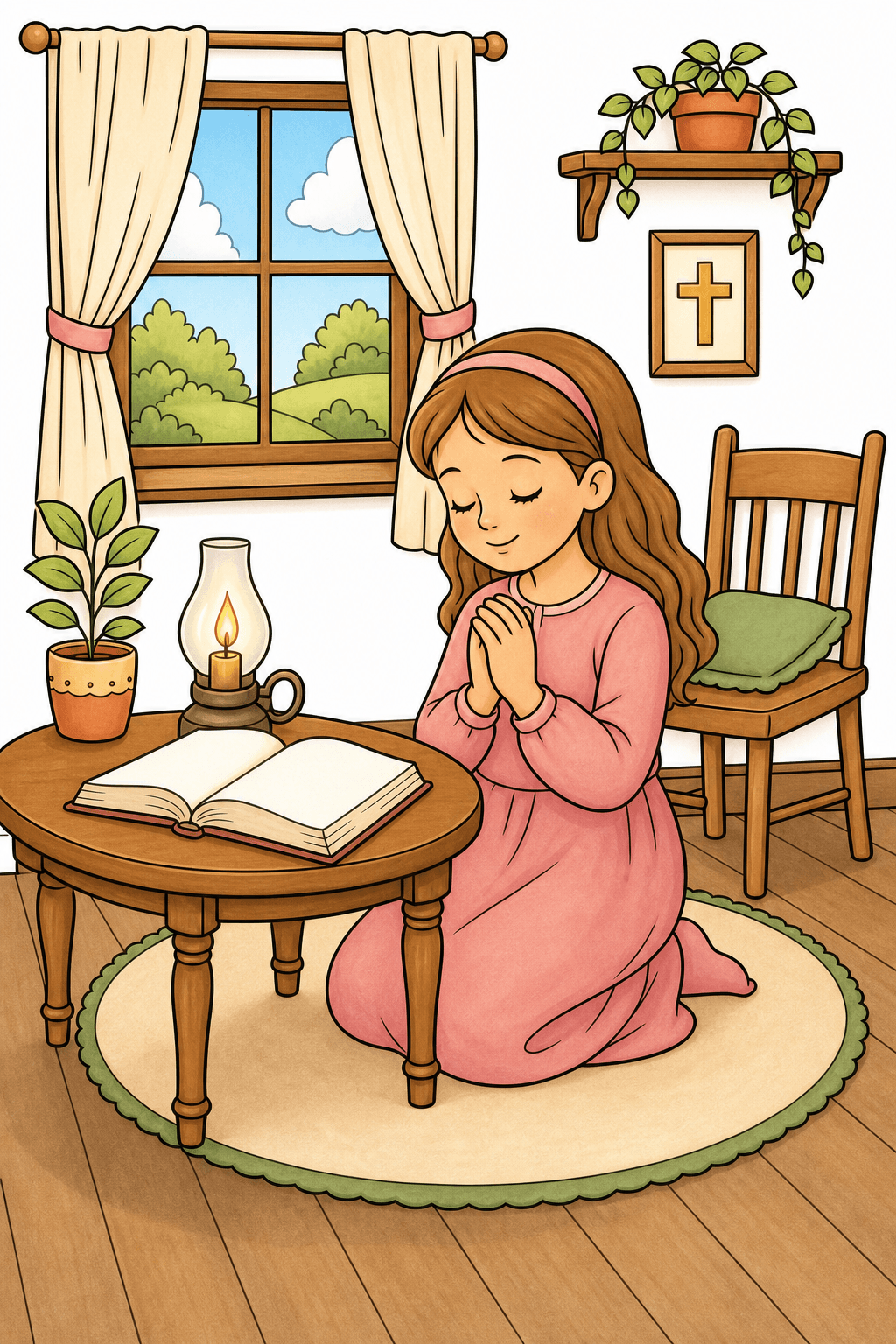 Girl Praying at a Table in a Quiet Room storybook colorized preview