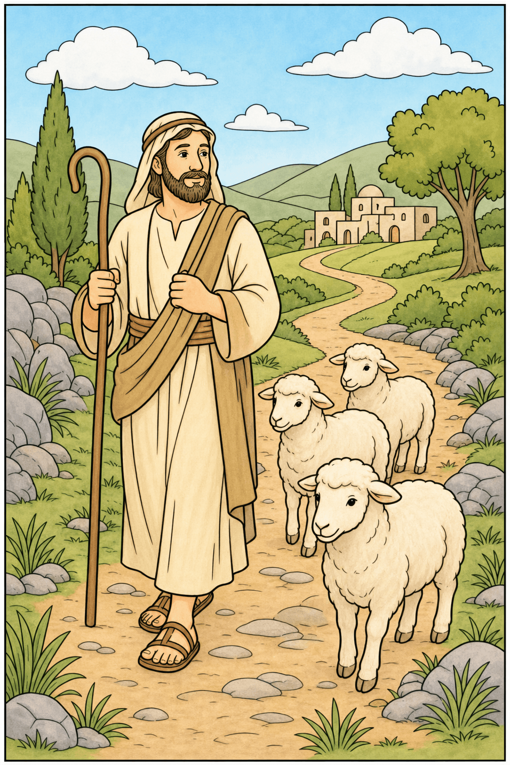 Shepherd Leading Sheep Along a Winding Path storybook colorized preview