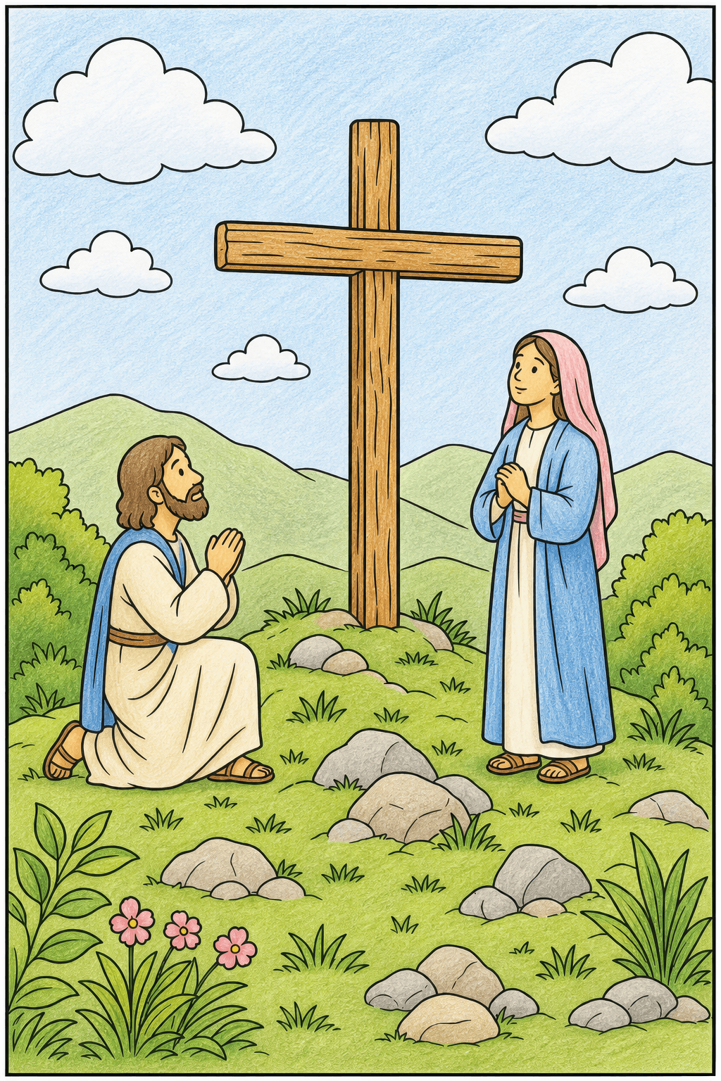 Praying Man and Woman Beside a Cross colored-pencil colorized preview