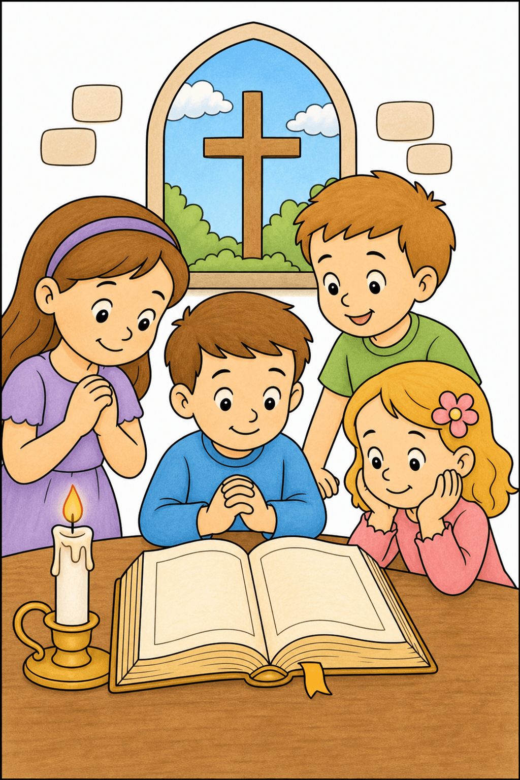 Children Praying by a Bible and Candle storybook colorized preview